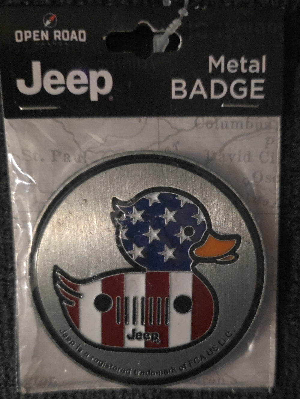Jeep Patriotic Duck Metal Badge - Silver, Blue, Red, White, Orange